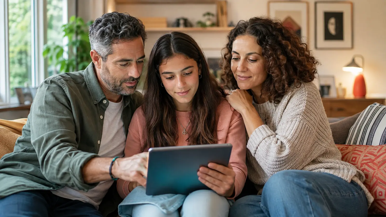 Família a rever definições de segurança num tablet
